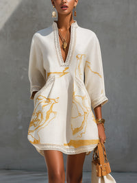 Clarissa – Ivory and Gold Print Crochet Lace V-Neck Mini Dress