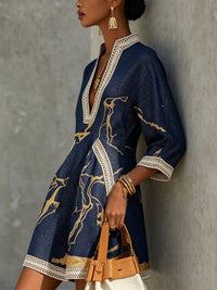 Chloe – Navy Mini Dress with Gold Print, Crochet Lace and V-Neck