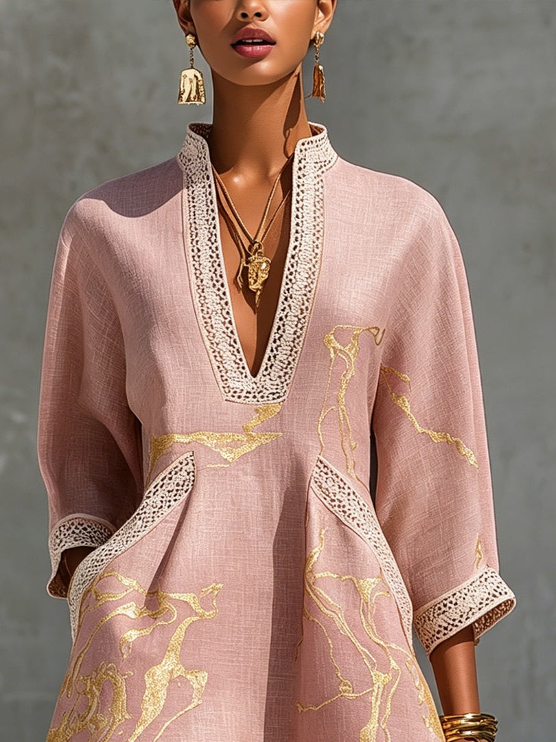 Emmeline – Rose Gold Crochet Lace V-Neck Mini Dress