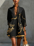 Margot – Black and Gold Print Crochet Lace V-Neck Mini Dress