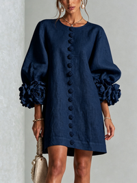 Cecily – White Mini Dress with Floral Buttons and Statement Sleeves