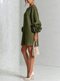 Cecily – White Mini Dress with Floral Buttons and Statement Sleeves