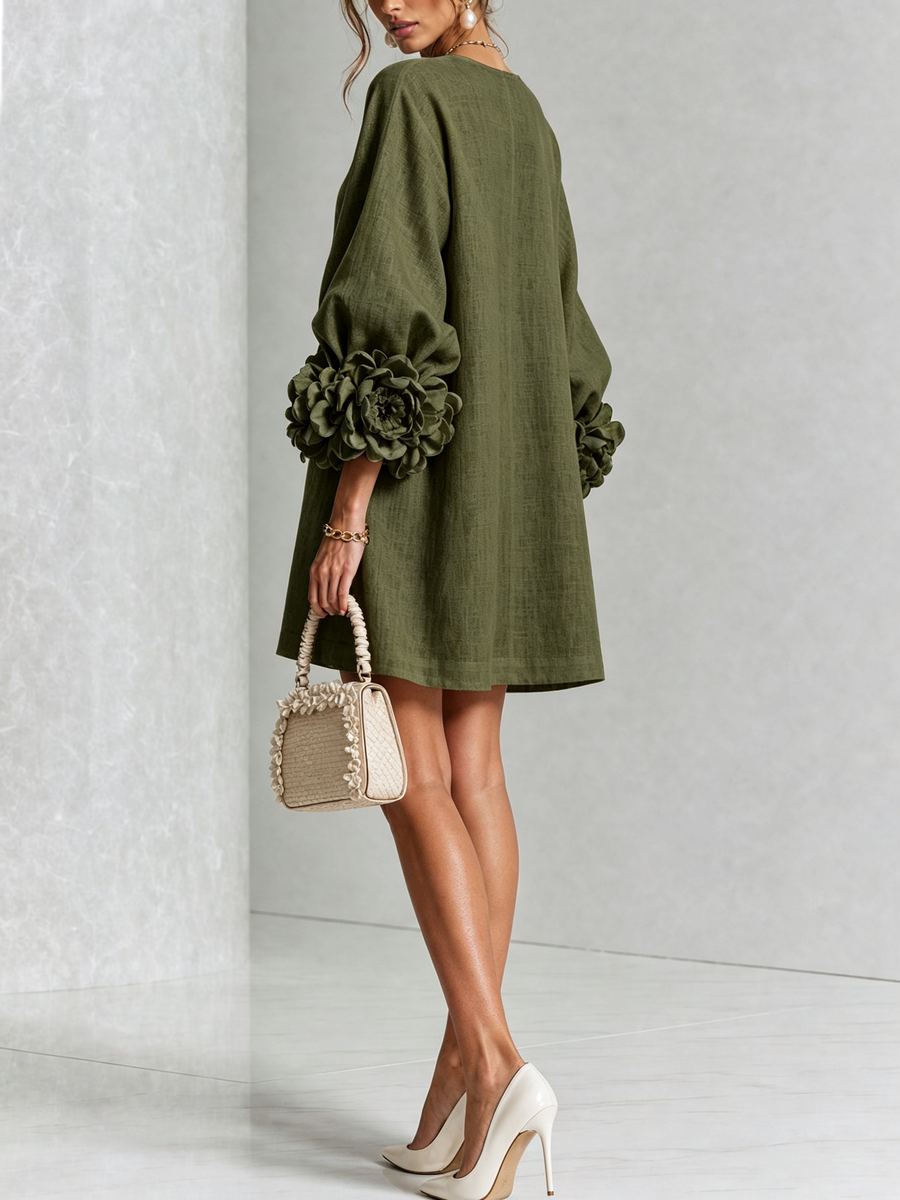 Colette – Olive Floral Button-Down Mini Dress with Statement Floral Sleeves