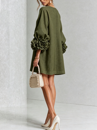 Cecily – White Mini Dress with Floral Buttons and Statement Sleeves