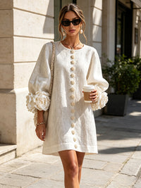 Cecily – White Mini Dress with Floral Buttons and Statement Sleeves