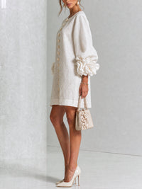 Cecily – White Mini Dress with Floral Buttons and Statement Sleeves