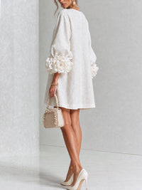 Cecily – White Mini Dress with Floral Buttons and Statement Sleeves