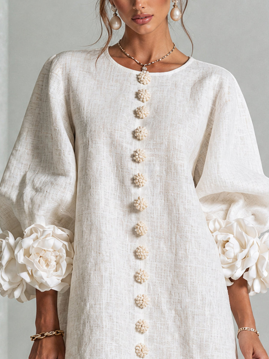 Cecily – White Mini Dress with Floral Buttons and Statement Sleeves