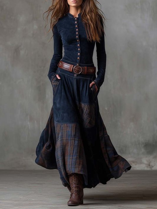 Keeva - Navy Suede Maxi Dress with Belt – Navy
