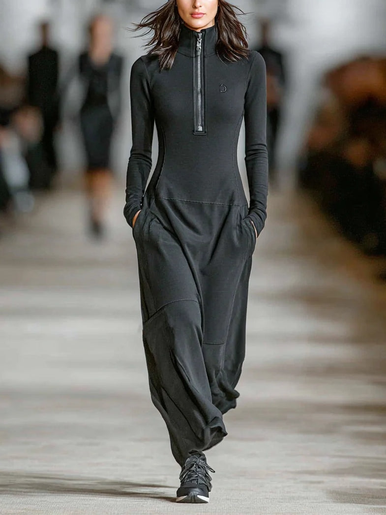 Winslow - Black Turtleneck Zip-up Maxi Dress