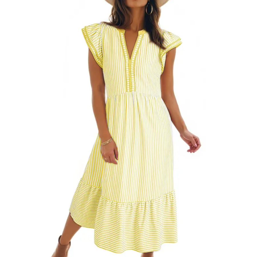 Illyria – Striped Ruffle Sleeve Midi Dress