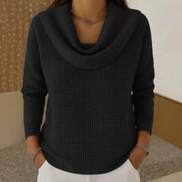 Karen  Warm Waffle Knit Sweater With Elegant Cowl Neck Black