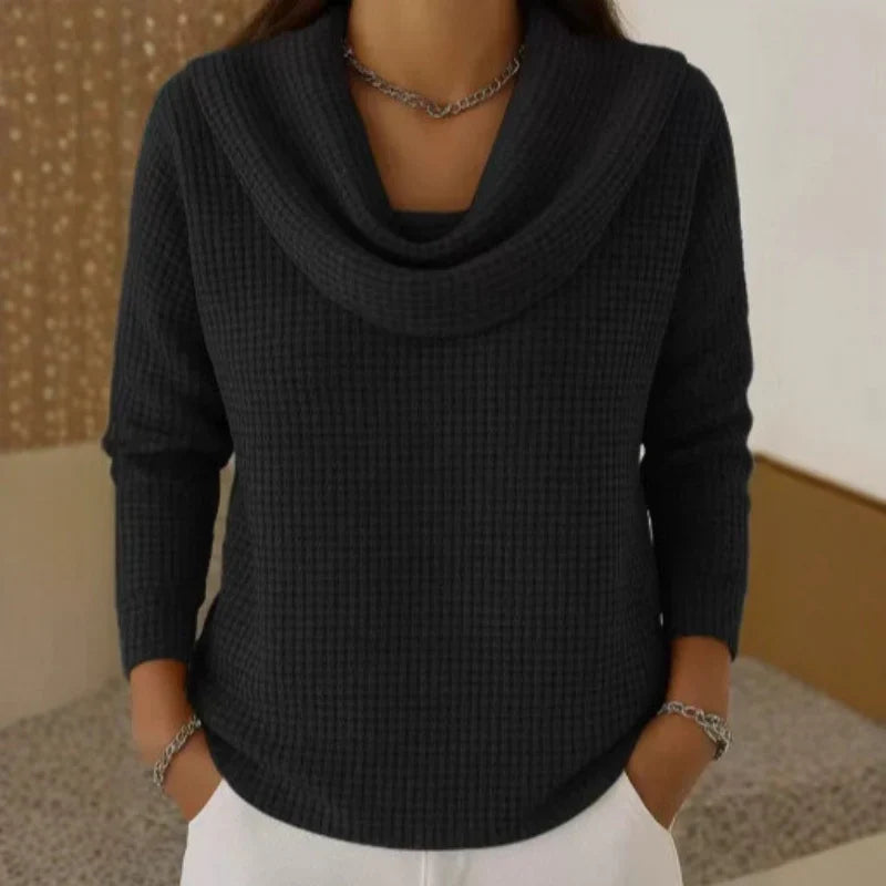 Karen  Warm Waffle Knit Sweater With Elegant Cowl Neck Black