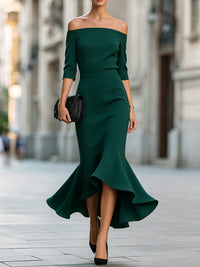 Off-Shoulder 3/4 Sleeve Mermaid High-Low Dress