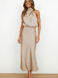 Faith | Womens Chic Halter Evening Dress Beige