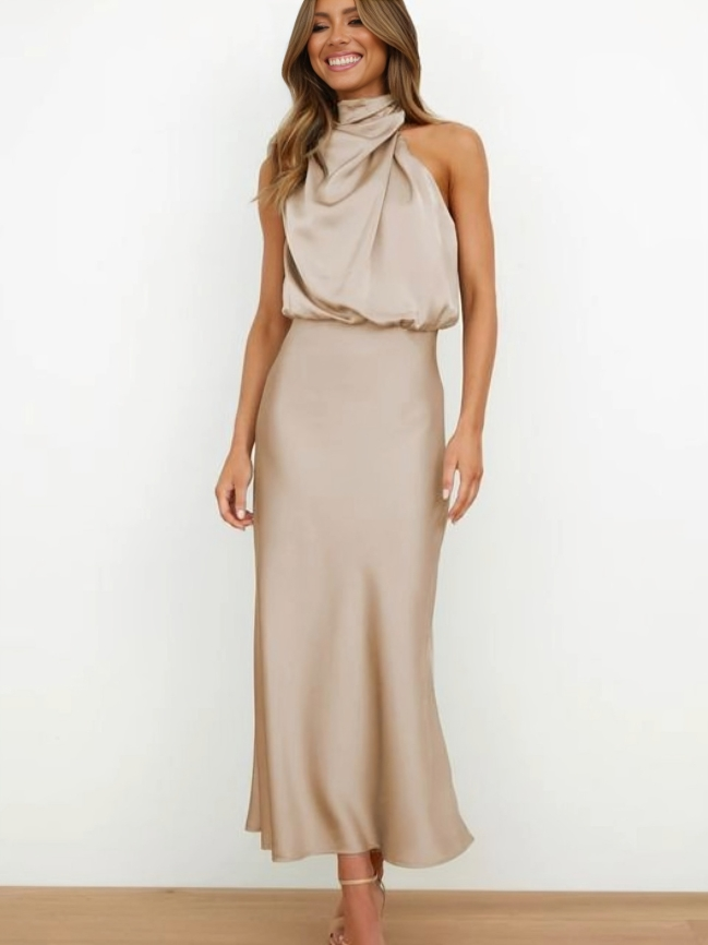 Faith | Womens Chic Halter Evening Dress Beige