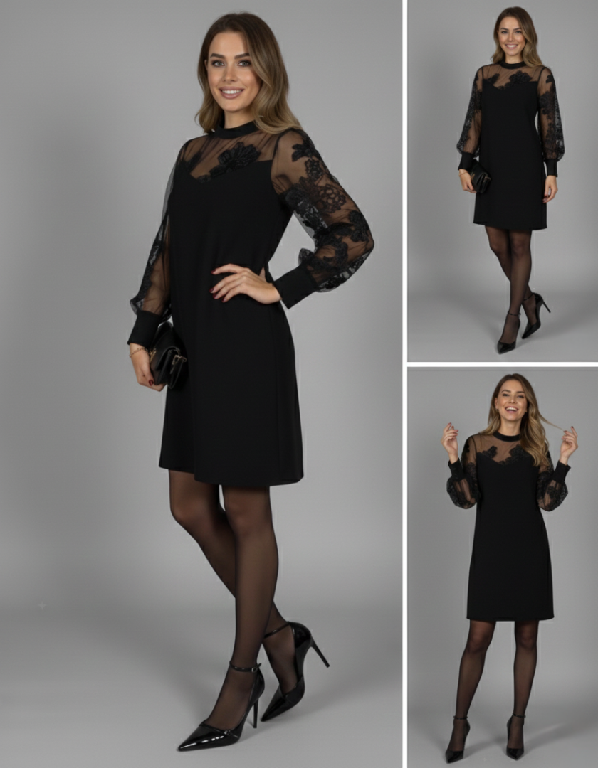 Keira - Elegant Black Dress with Tulle Sleeves