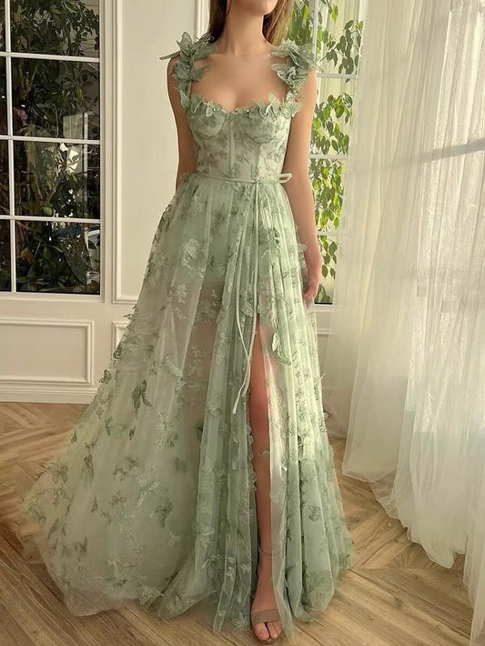 A Line Green Corset Long Tulle Prom Dress With 3D Butterflies