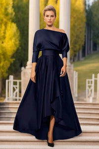 A Line One Shoulder Asymmetrical Mother Dress Navy Blue