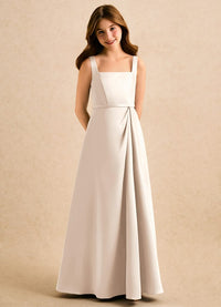A Line Princess Square Neck Floor Length Matte Satin Flower Girl Dress