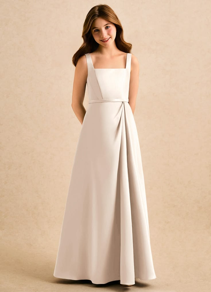 A Line Princess Square Neck Floor Length Matte Satin Flower Girl Dress