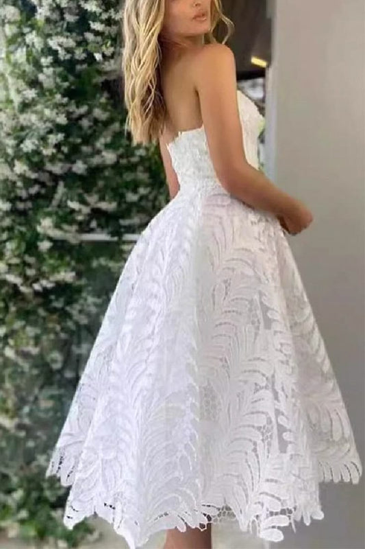 A Line Tea Length Lace Little White Dress Cocomelody 100060