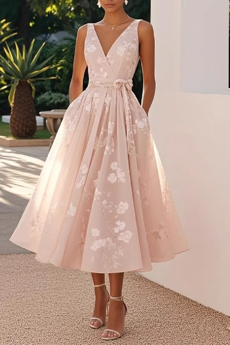 A Line Tea Length Lace Wedding Guest Dress