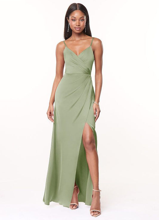A Line V Neck Floor Length Stretch Satin Bridesmaid Dress Dusty Sage