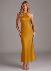 Mermaid Halter Neck Ankle Length Stretch Satin Bridesmaid Dress
