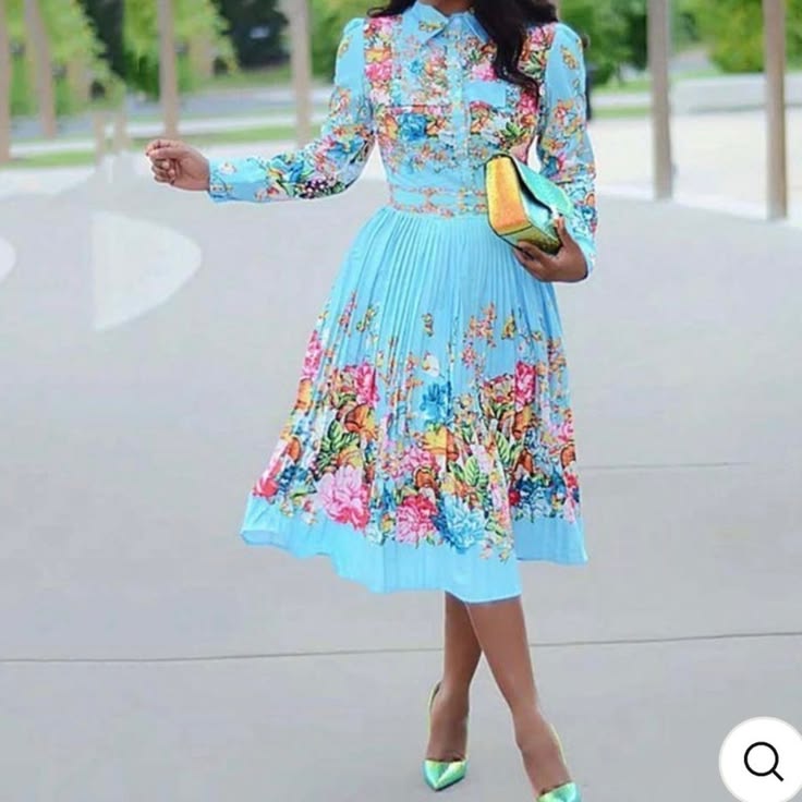 Plus Size Floral Buckle Lapel Collar Dress Xl (Runs Small) Color: Blue