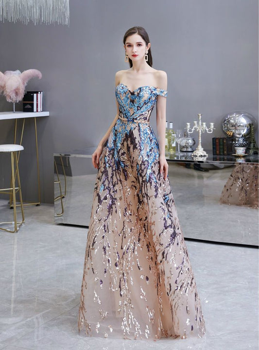 In Stock:Ship In 48 Hours A Line Champagne Tulle Sequins Off The