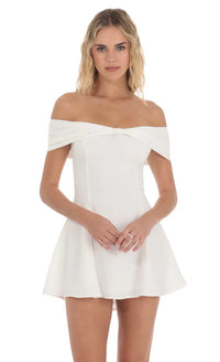 Front Bow Off Shoulder Dress In White