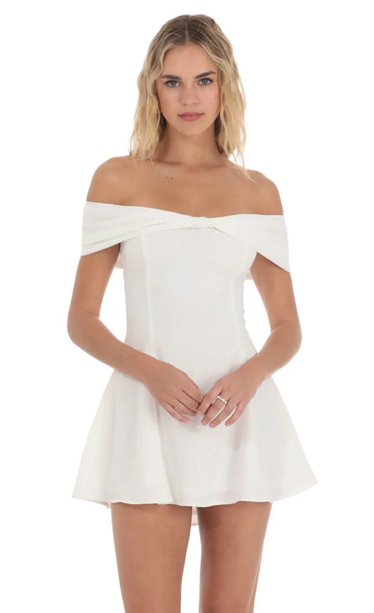 Front Bow Off Shoulder Dress In White