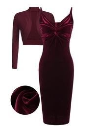 2Pcs Wine Red 1960s Velvet Bodycon Dress Wine Red S