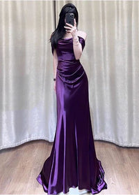 Sexy Deep Purple Mermaid Off The Shoulder Satin Long Prom Dress Evenin