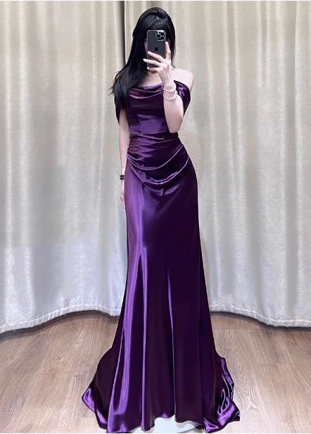 Sexy Deep Purple Mermaid Off The Shoulder Satin Long Prom Dress Evenin