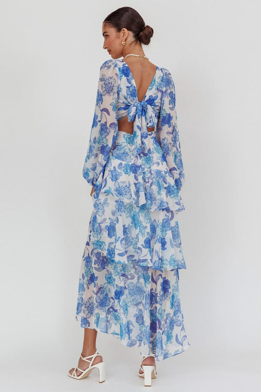 Veda Long Sleeve Floral Tiered Ruffle Maxi Dress Blue - M