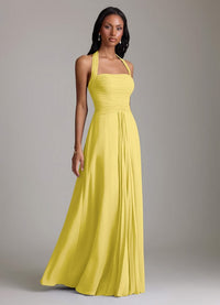 A Line Halter Neck Floor Length Chiffon Bridesmaid Dress Canary