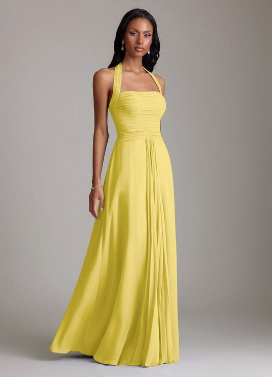 A Line Halter Neck Floor Length Chiffon Bridesmaid Dress Canary