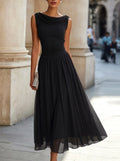 Draped Neck Sleeveless Pleated Midi Dress Black