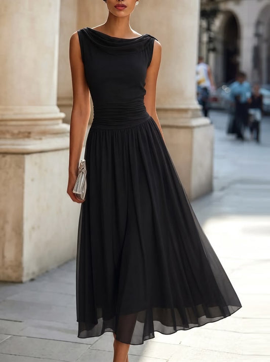 Draped Neck Sleeveless Pleated Midi Dress Black