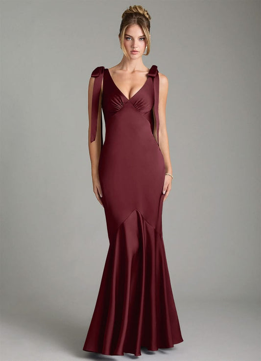 Mermaid V Neck Floor Length Stretch Satin Bridesmaid Dress Cabernet