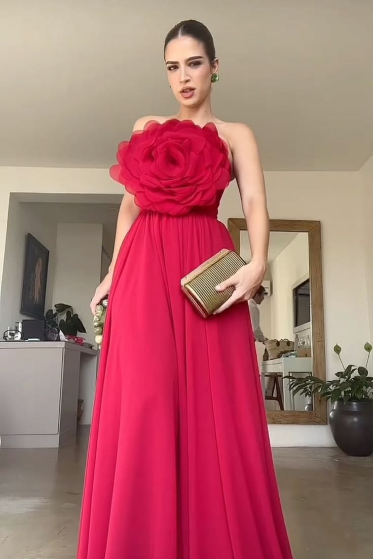 Red Unique Design Three Dimensional Rose Long Elegant Ball Gown