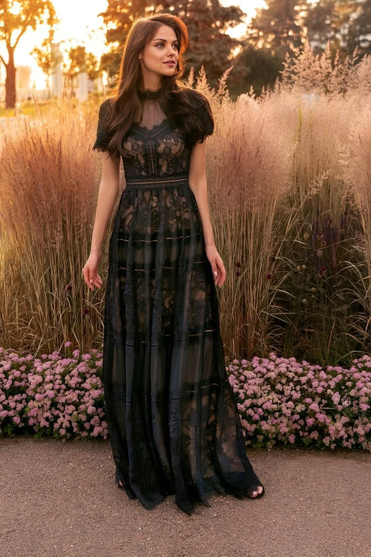 Long Lace Formal Black Evening Dress Short Sleeve Timeless Elegance