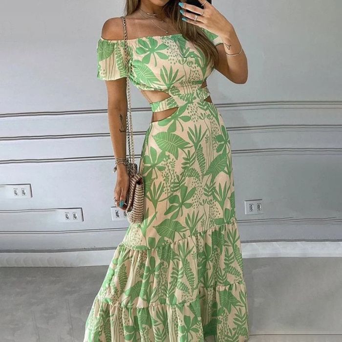 Floral Lace Up Cutout Dress With Off Shoulder Style