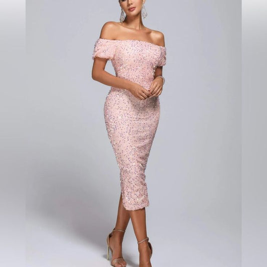 Elegant Pink Off Shoulder Dress Color: Pink Size: L