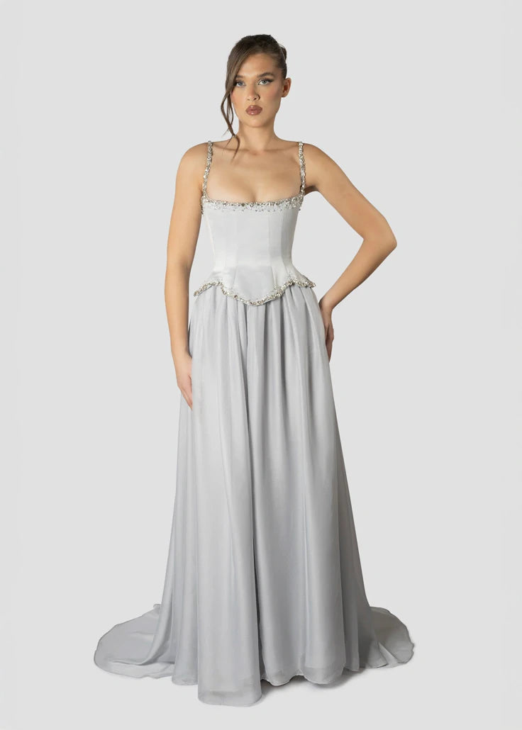 Embroidered Off The Shoulder Gray Dress