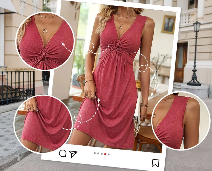 Quenby - Deep V-Neck Knot Waist A-Line Dress