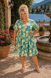 51 Pss H {Original Love} Teal Floral Tiered Dress Plus Size XL 2X 3X