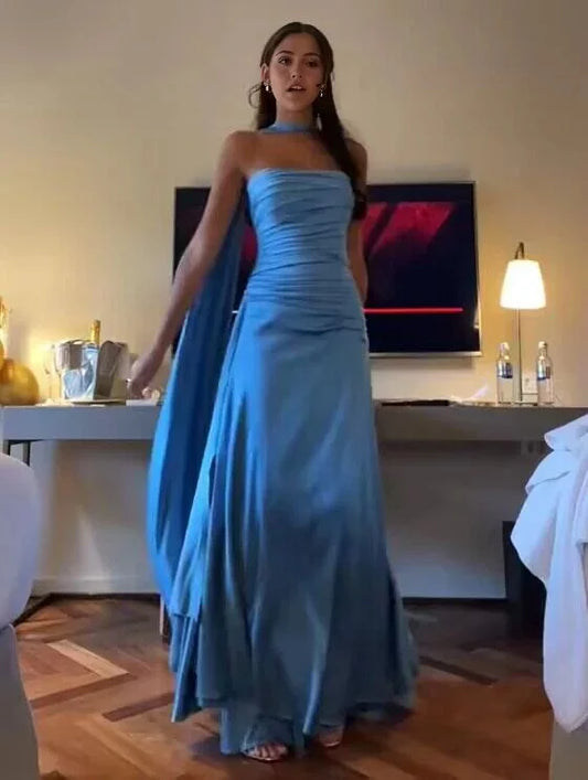 Simple A Line Spaghetti Straps Blue Satin Prom Dress Birthday Outfit